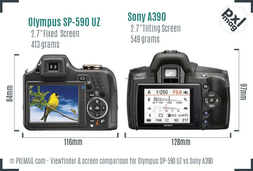 Olympus SP-590 UZ vs Sony A390 Screen and Viewfinder comparison
