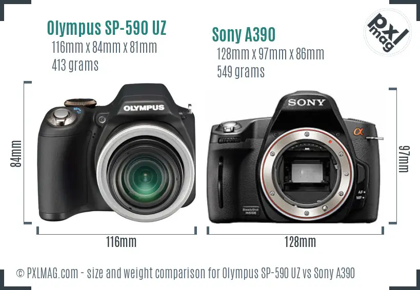 Olympus SP-590 UZ vs Sony A390 size comparison