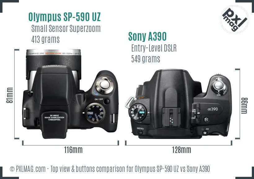 Olympus SP-590 UZ vs Sony A390 top view buttons comparison