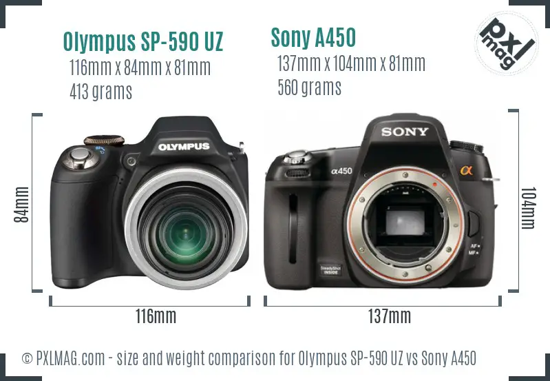 Olympus SP-590 UZ vs Sony A450 size comparison