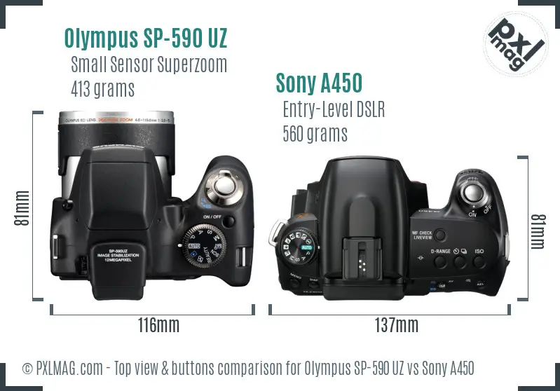 Olympus SP-590 UZ vs Sony A450 top view buttons comparison