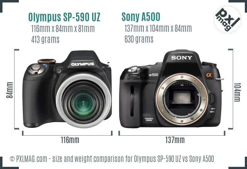 Olympus SP-590 UZ vs Sony A500 size comparison