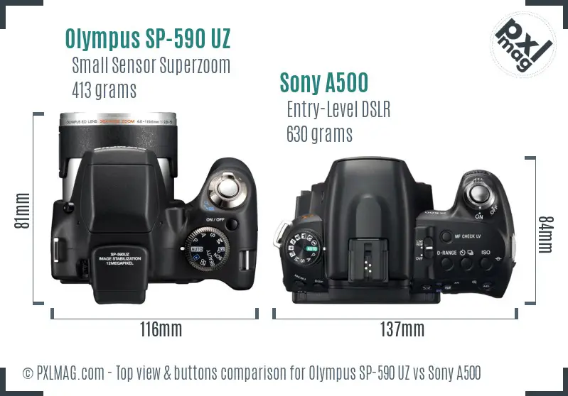 Olympus SP-590 UZ vs Sony A500 top view buttons comparison