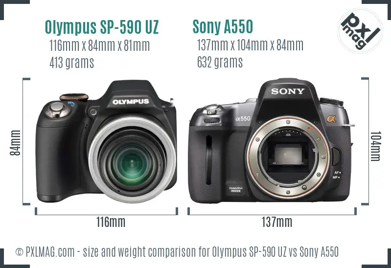Olympus SP-590 UZ vs Sony A550 size comparison Olympus SP-590 UZ vs Sony A550 size comparison