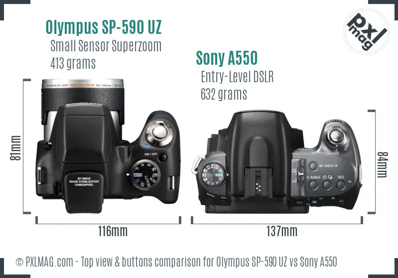 Olympus SP-590 UZ vs Sony A550 top view buttons comparison Olympus SP-590 UZ vs Sony A550 top view buttons comparison