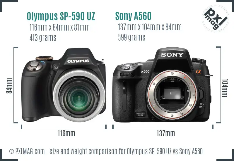 Olympus SP-590 UZ vs Sony A560 size comparison Olympus SP-590 UZ vs Sony A560 size comparison