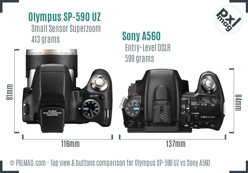 Olympus SP-590 UZ vs Sony A560 top view buttons comparison Olympus SP-590 UZ vs Sony A560 top view buttons comparison