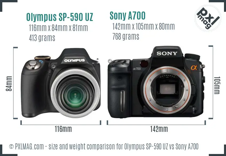 Olympus SP-590 UZ vs Sony A700 size comparison Olympus SP-590 UZ vs Sony A700 size comparison