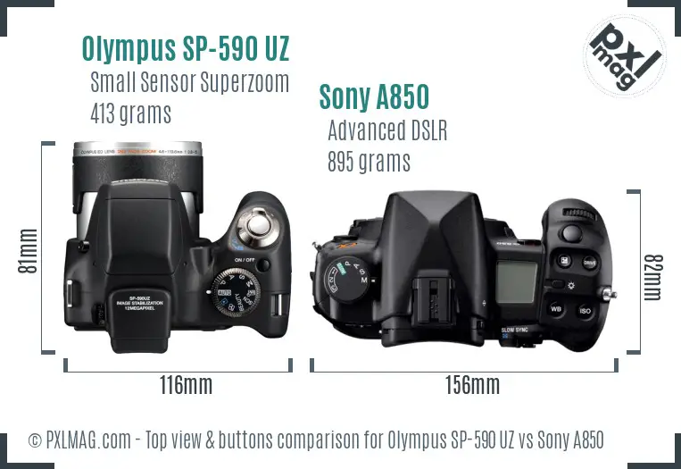 Olympus SP-590 UZ vs Sony A850 top view buttons comparison