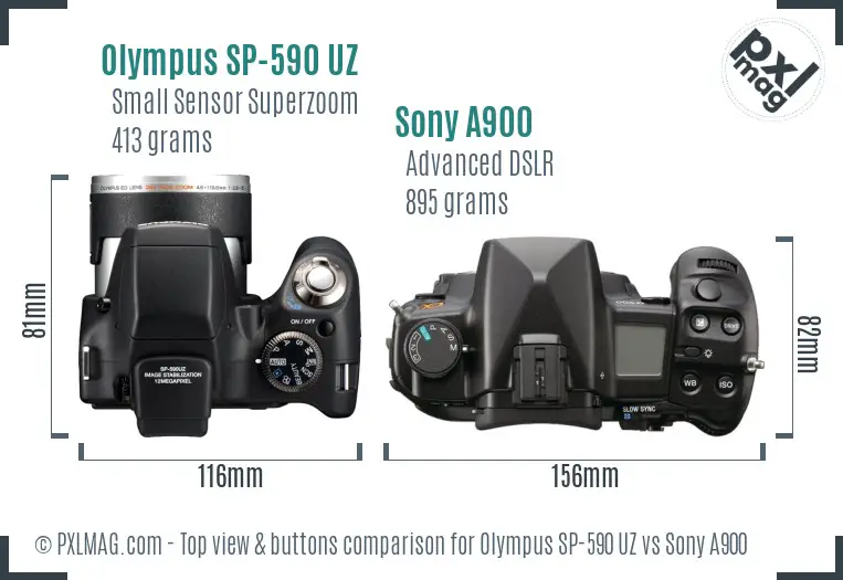 Olympus SP-590 UZ vs Sony A900 top view buttons comparison