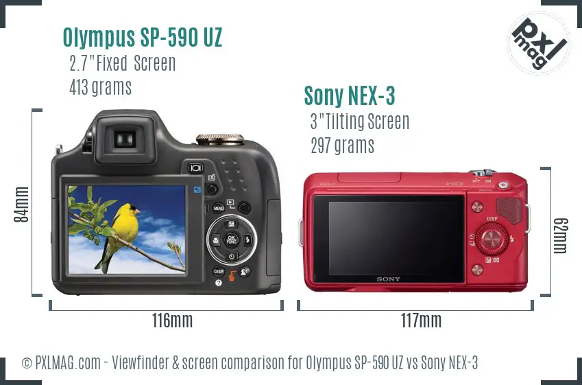 Olympus SP-590 UZ vs Sony NEX-3 Screen and Viewfinder comparison