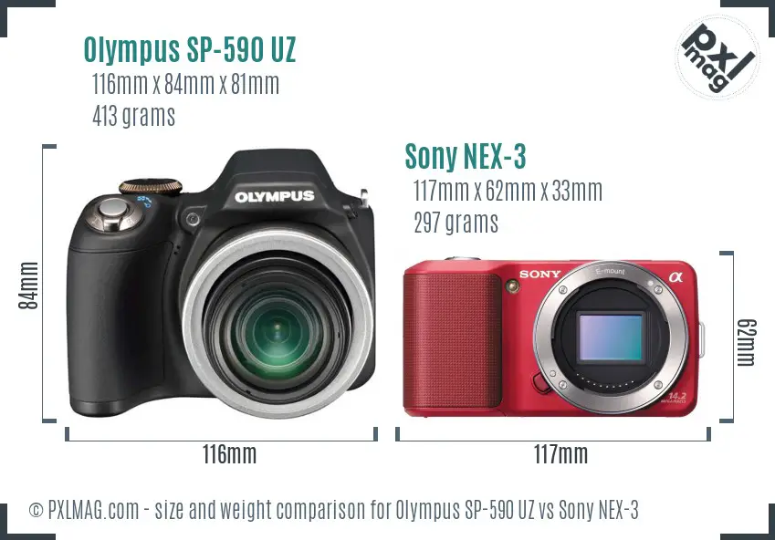 Olympus SP-590 UZ vs Sony NEX-3 size comparison