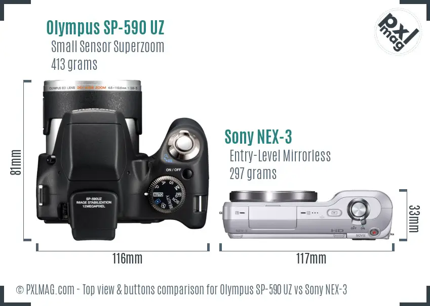 Olympus SP-590 UZ vs Sony NEX-3 top view buttons comparison