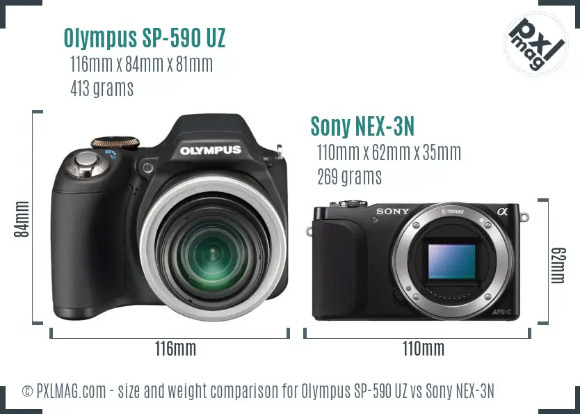 Olympus SP-590 UZ vs Sony NEX-3N size comparison Olympus SP-590 UZ vs Sony NEX-3N size comparison