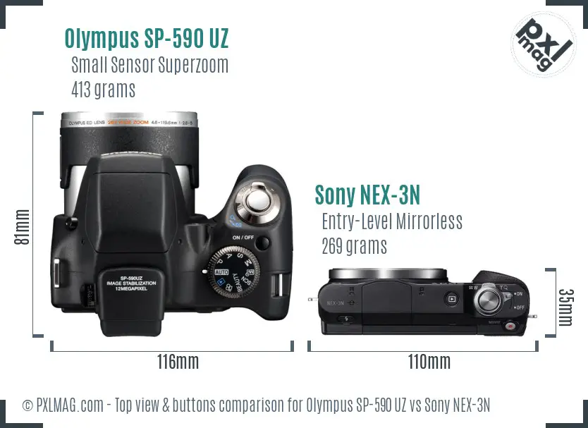 Olympus SP-590 UZ vs Sony NEX-3N top view buttons comparison Olympus SP-590 UZ vs Sony NEX-3N top view buttons comparison