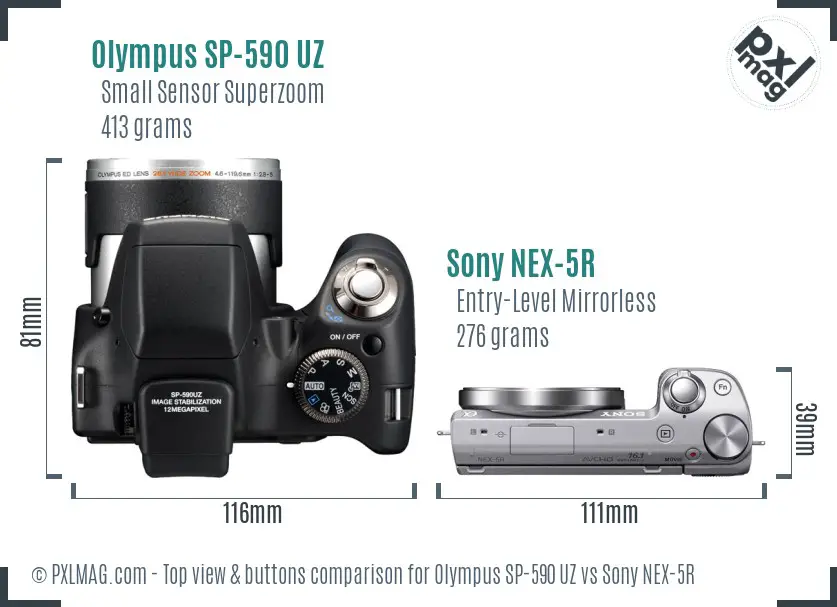 Olympus SP-590 UZ vs Sony NEX-5R top view buttons comparison Olympus SP-590 UZ vs Sony NEX-5R top view buttons comparison