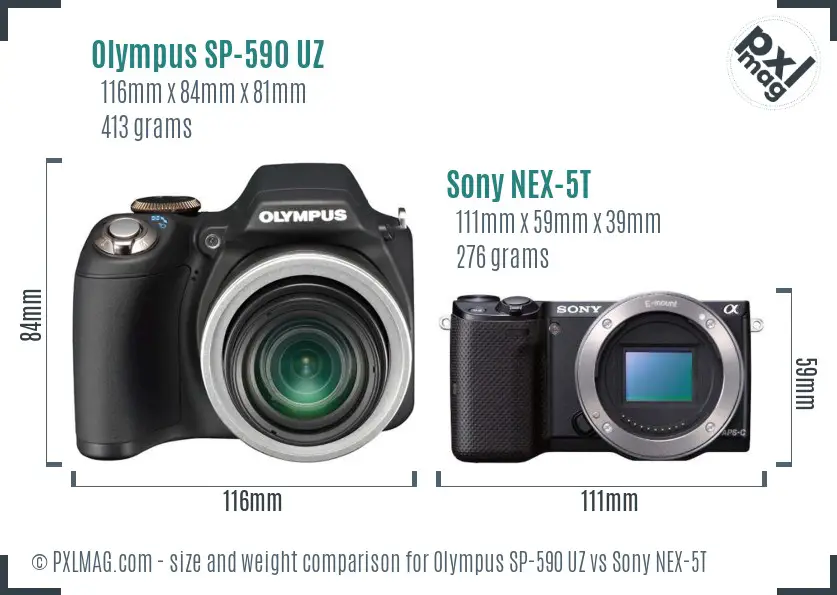 Olympus SP-590 UZ vs Sony NEX-5T size comparison