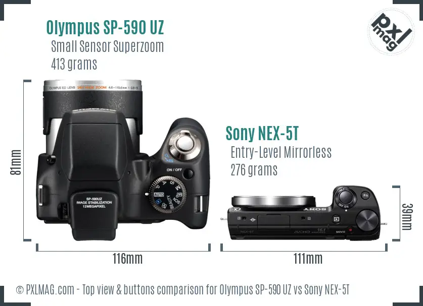 Olympus SP-590 UZ vs Sony NEX-5T top view buttons comparison