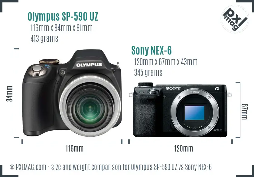 Olympus SP-590 UZ vs Sony NEX-6 size comparison