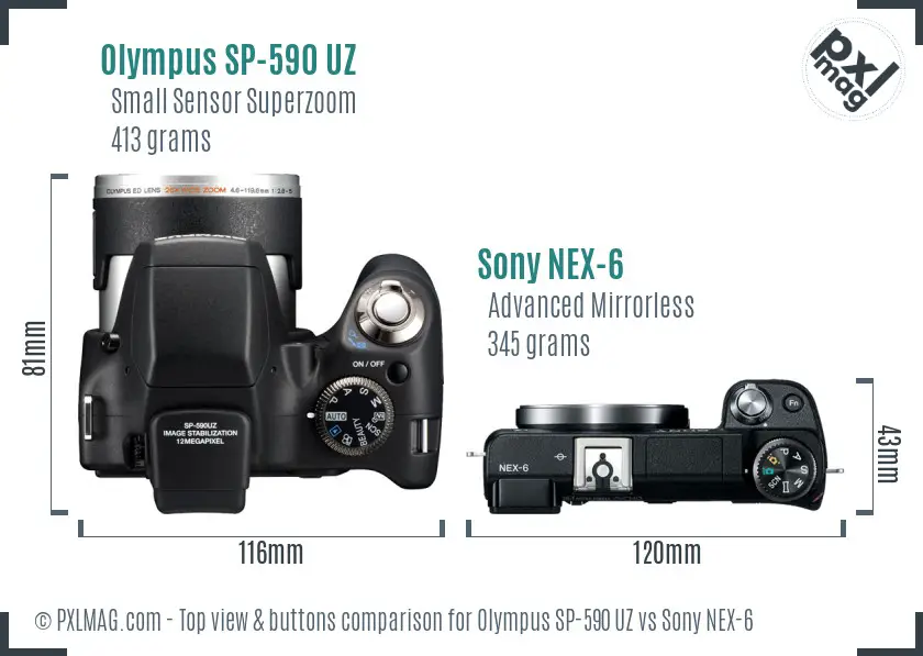 Olympus SP-590 UZ vs Sony NEX-6 top view buttons comparison