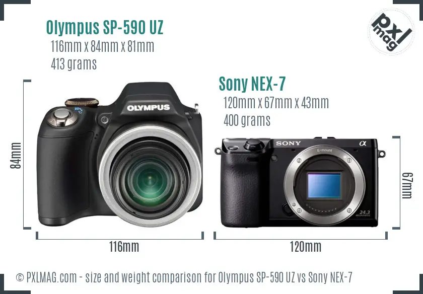 Olympus SP-590 UZ vs Sony NEX-7 size comparison