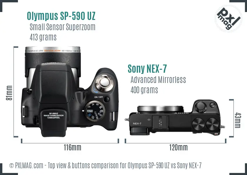 Olympus SP-590 UZ vs Sony NEX-7 top view buttons comparison