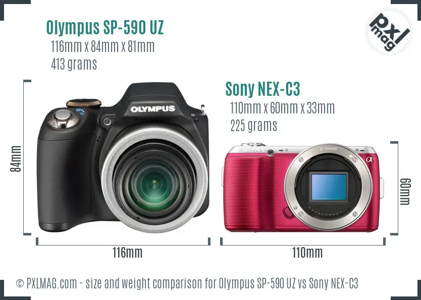 Olympus SP-590 UZ vs Sony NEX-C3 size comparison