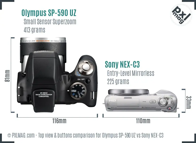 Olympus SP-590 UZ vs Sony NEX-C3 top view buttons comparison