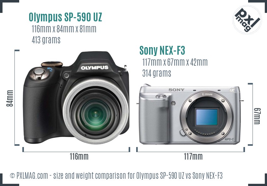 Olympus SP-590 UZ vs Sony NEX-F3 size comparison