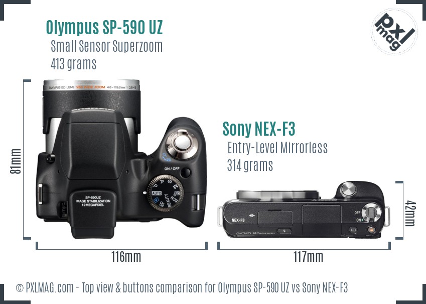 Olympus SP-590 UZ vs Sony NEX-F3 top view buttons comparison