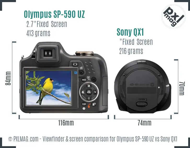 Olympus SP-590 UZ vs Sony QX1 Screen and Viewfinder comparison