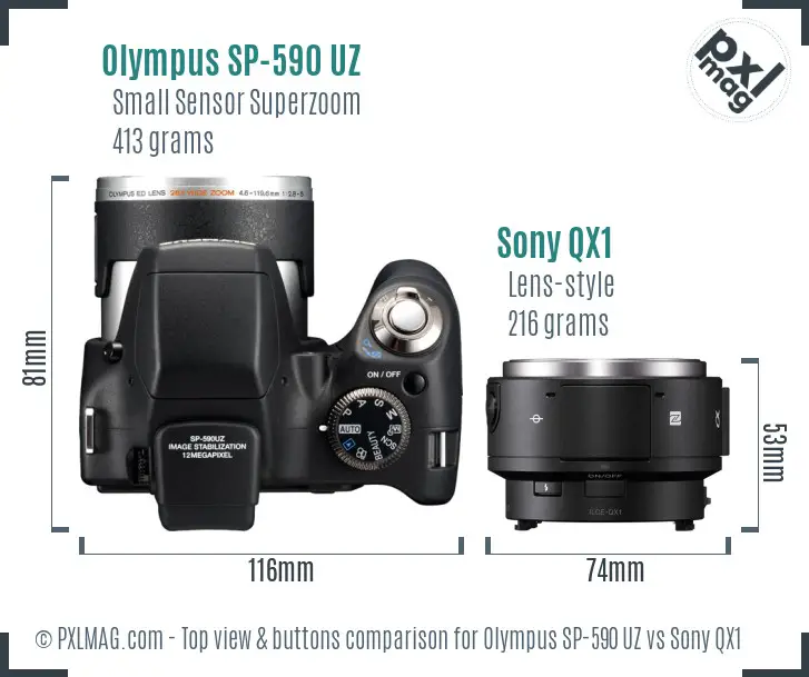 Olympus SP-590 UZ vs Sony QX1 top view buttons comparison
