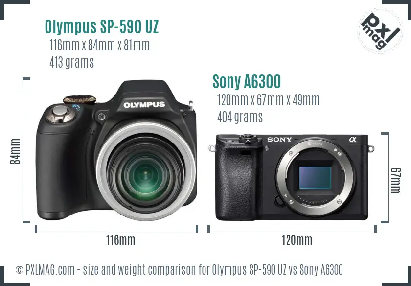 Olympus SP-590 UZ vs Sony A6300 size comparison Olympus SP-590 UZ vs Sony A6300 size comparison