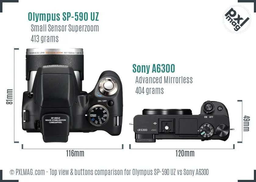 Olympus SP-590 UZ vs Sony A6300 top view buttons comparison Olympus SP-590 UZ vs Sony A6300 top view buttons comparison
