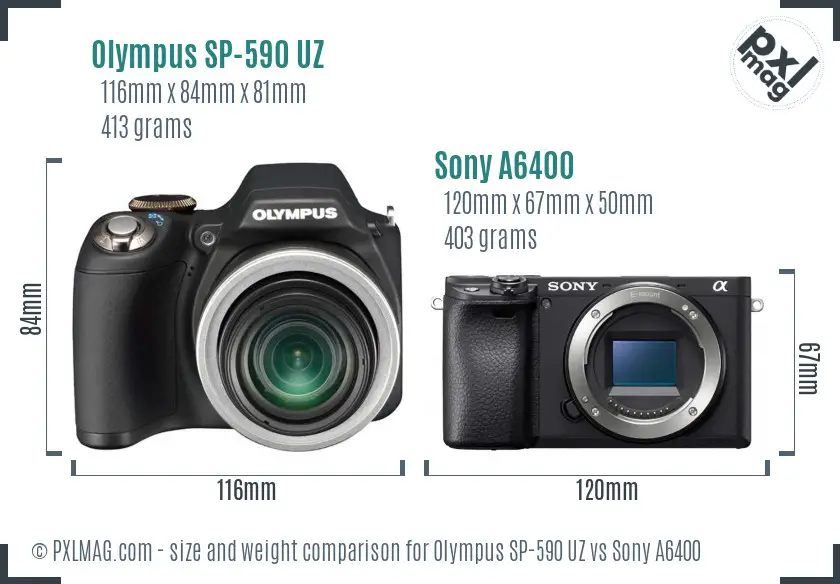 Olympus SP-590 UZ vs Sony A6400 size comparison
