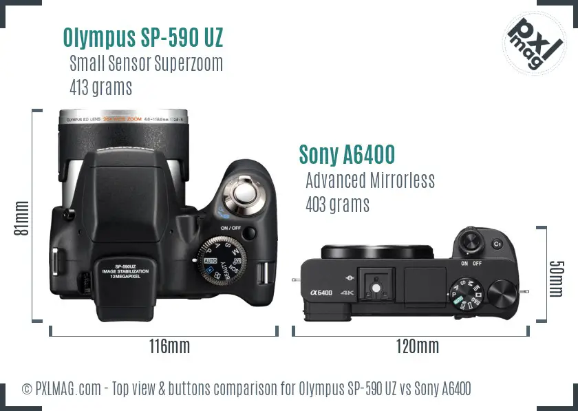 Olympus SP-590 UZ vs Sony A6400 top view buttons comparison