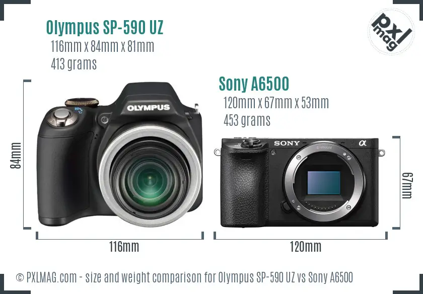 Olympus SP-590 UZ vs Sony A6500 size comparison