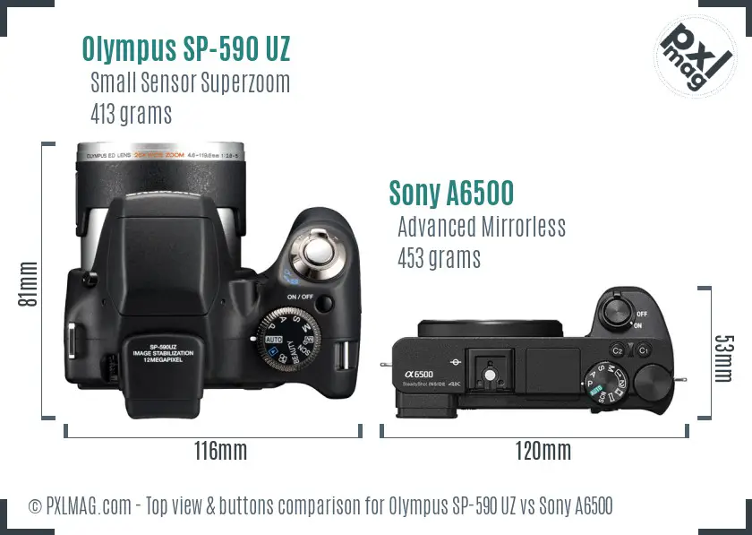 Olympus SP-590 UZ vs Sony A6500 top view buttons comparison