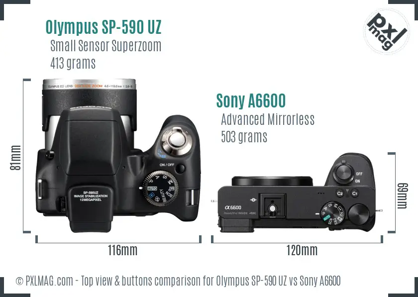 Olympus SP-590 UZ vs Sony A6600 top view buttons comparison Olympus SP-590 UZ vs Sony A6600 top view buttons comparison
