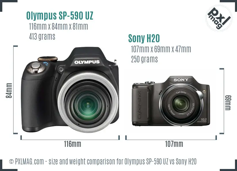 Olympus SP-590 UZ vs Sony H20 size comparison