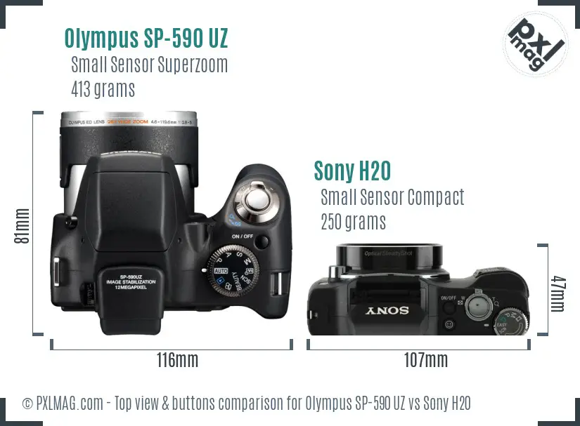 Olympus SP-590 UZ vs Sony H20 top view buttons comparison