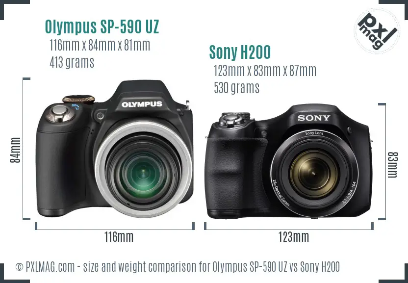 Olympus SP-590 UZ vs Sony H200 size comparison