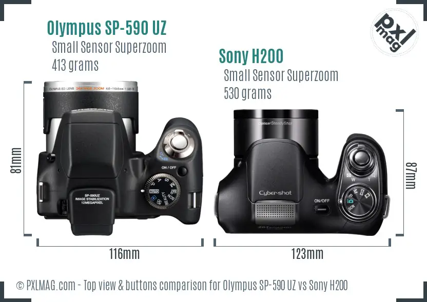 Olympus SP-590 UZ vs Sony H200 top view buttons comparison