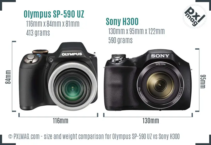 Olympus SP-590 UZ vs Sony H300 size comparison
