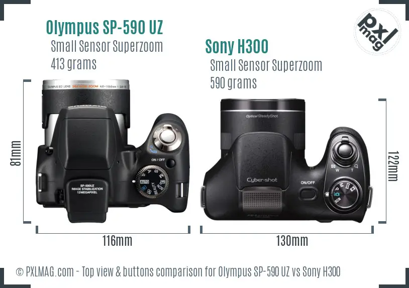Olympus SP-590 UZ vs Sony H300 top view buttons comparison