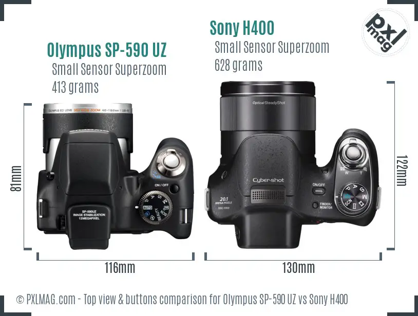 Olympus SP-590 UZ vs Sony H400 top view buttons comparison