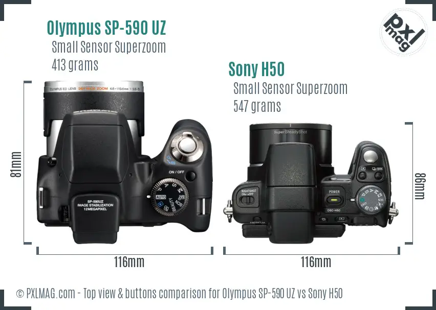 Olympus SP-590 UZ vs Sony H50 top view buttons comparison