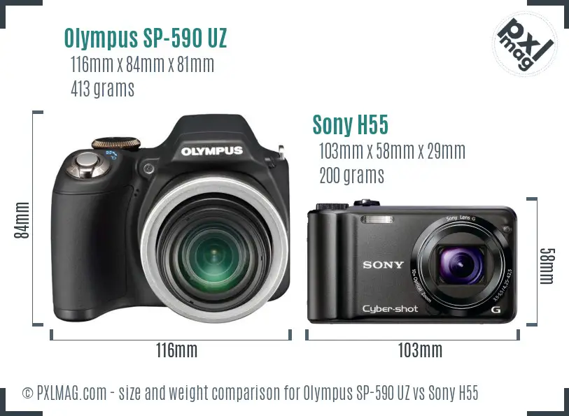 Olympus SP-590 UZ vs Sony H55 size comparison