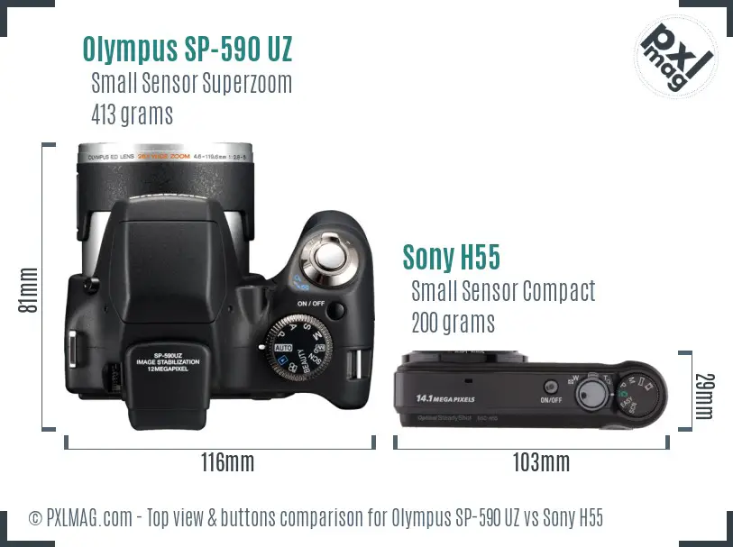 Olympus SP-590 UZ vs Sony H55 top view buttons comparison