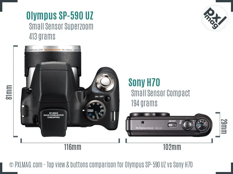 Olympus SP-590 UZ vs Sony H70 top view buttons comparison